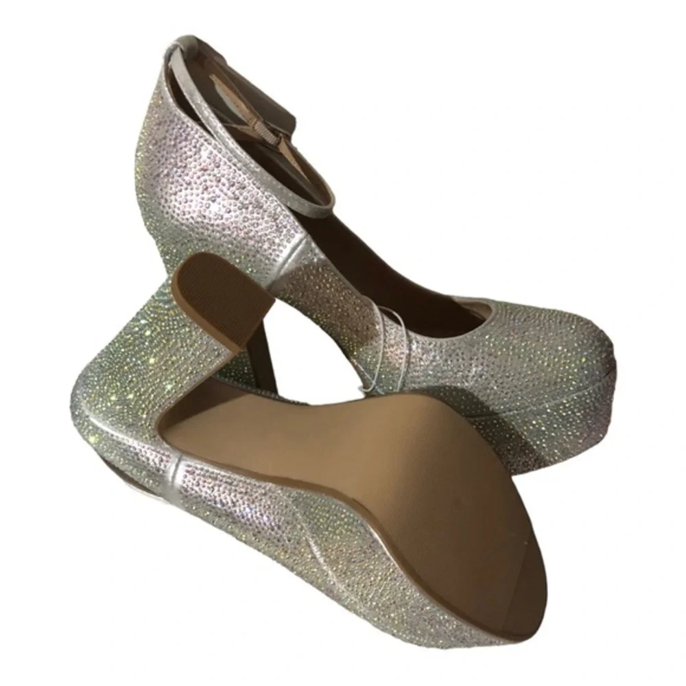 Rhinestone crystal valentino tan-go style closed toe anklestrap‎ platforms sz 10